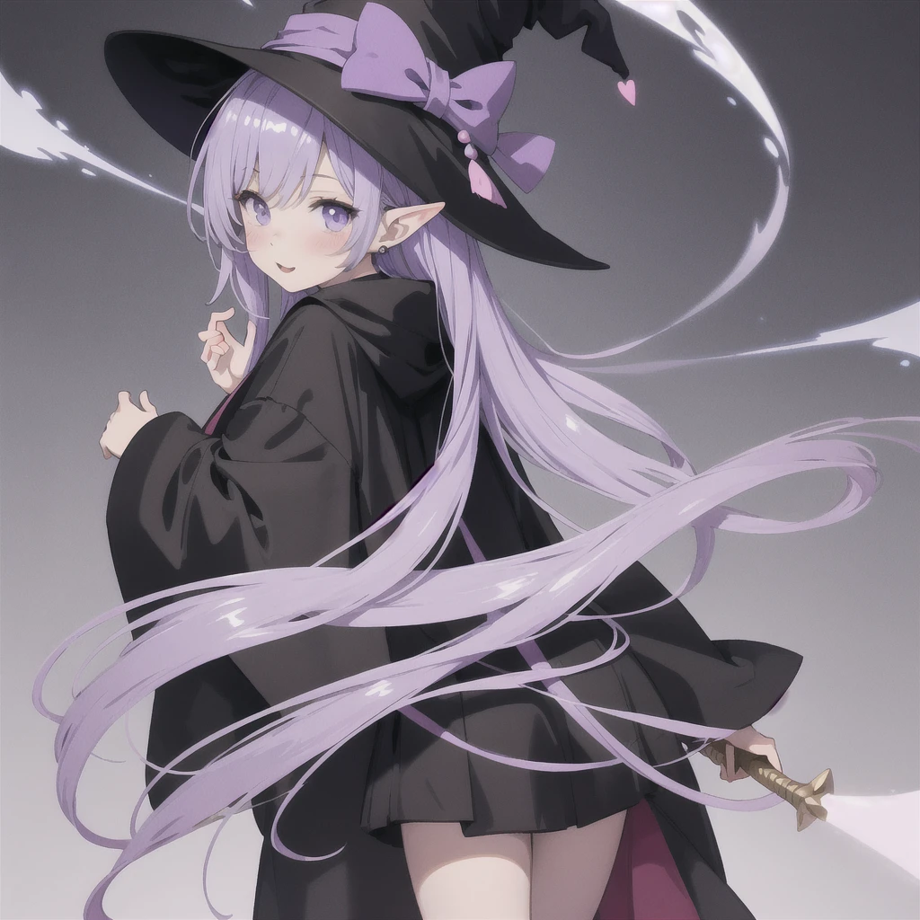 anime girl long purple hair wearing a black Robe. she has pointy ears. Witch Hat. Manga kawaii. iridescent ,An illustration, 0ne person .look back
