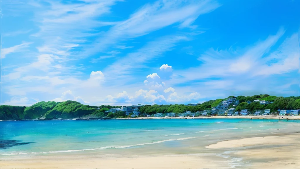 
ultra photorealistic, Alafly Beach with blue sky and white clouds, Okinawa Japan, japan shonan enoshima, Kamakura scenery, Chiba Prefecture, Breathtakingly beautiful beaches, On a sunny day, Seaside, Clear sky,