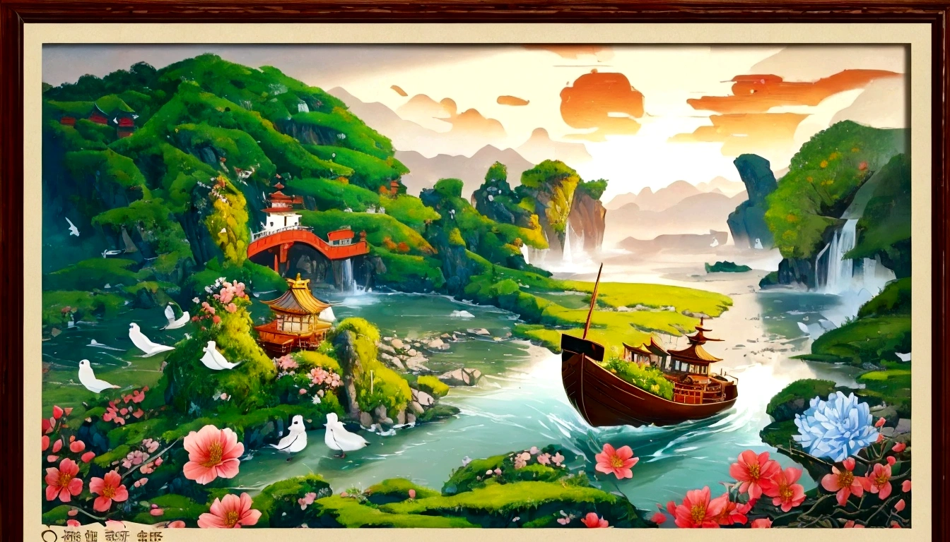 painting of a boat in a river with birds and flowers, detailed scenery —width 672, scenery artwork, 3 d oil painting, scenery art detailed, 3 d virtual landscape painting, 8 k hd detailed oil painting, chinese style painting, dream scenery art, [ 4 k digital art, 4k highly detailed digital art, digital cartoon painting art, zhuoxin ye