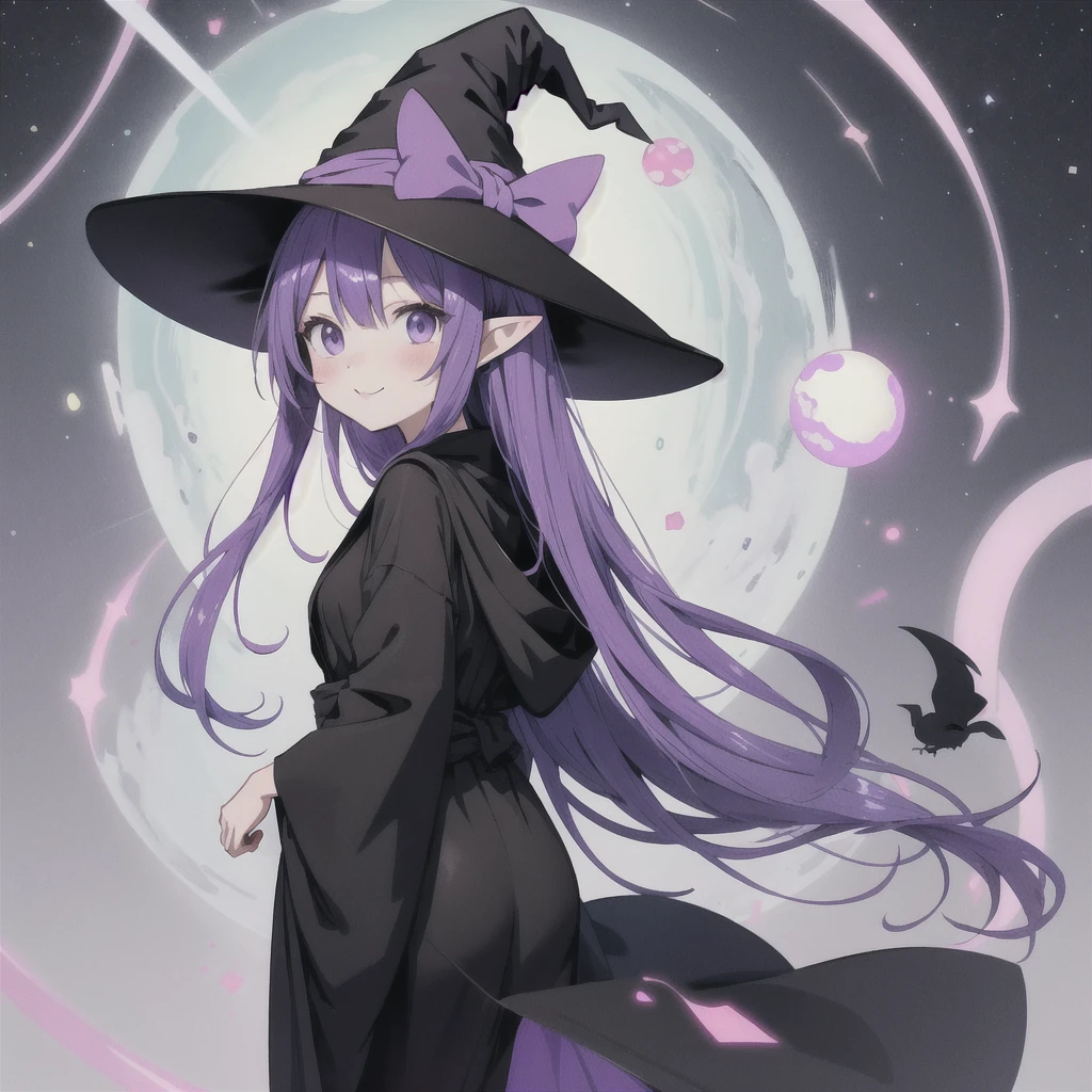 anime girl long purple hair wearing a black Robe. she has pointy ears. Witch Hat. Manga kawaii. iridescent ,An illustration, 0ne person .look back
