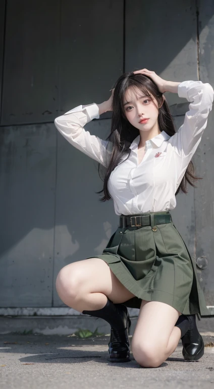 Typical and detailed CG Unity 8K wallpaper，（masterpiece），（Best Character Detail：1.36），Nikon D750F / 1.4 55 mm，original photo，Professional lighting， Physically Based Rendering, 1 busty girl, Female Soldiers，(Dark green military uniform，(Dark green military uniform)，Business suite，Fabric texture military uniform, Perfect military calm)，(Wear a plain white shirt under your jacket:1.25)，(Black Tie)，(Military cap，Short skirt，High heel，Full body view，Kneel on one leg:Put your hands behind your head，(Have a delicate face:1.2):0.2]:，Pure love face_v1，(Breast 1.55),(),(Loafers：1.45),(Put your hands behind your head:1.55),(I look up from below:1.55)，Large Breasts，Thin waist，Loyal Maid，Obey everything,Very obedient，付出型性格和Likeable的个性，Obedient personality、Likeable，Absolute obedience，Absolute obedience，Willing to give everything，With a confident smile，wait
