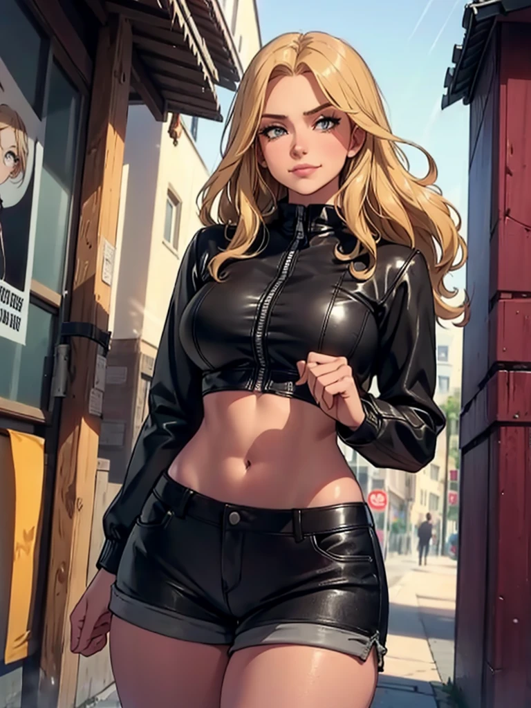 (masterpiece, best quality),  1girl, (oversized leather jacket), navel, thick thighs, shorts, ((intricate, dappled sunlight, poster)), long hair,  wavy hair, blonde,  head tilt, wide hips,  , street, (((looking down))), , sciamano240, soft shading, detailed, semi-realistic    smirk, sultry look, seductive, , sultry look, seductive
