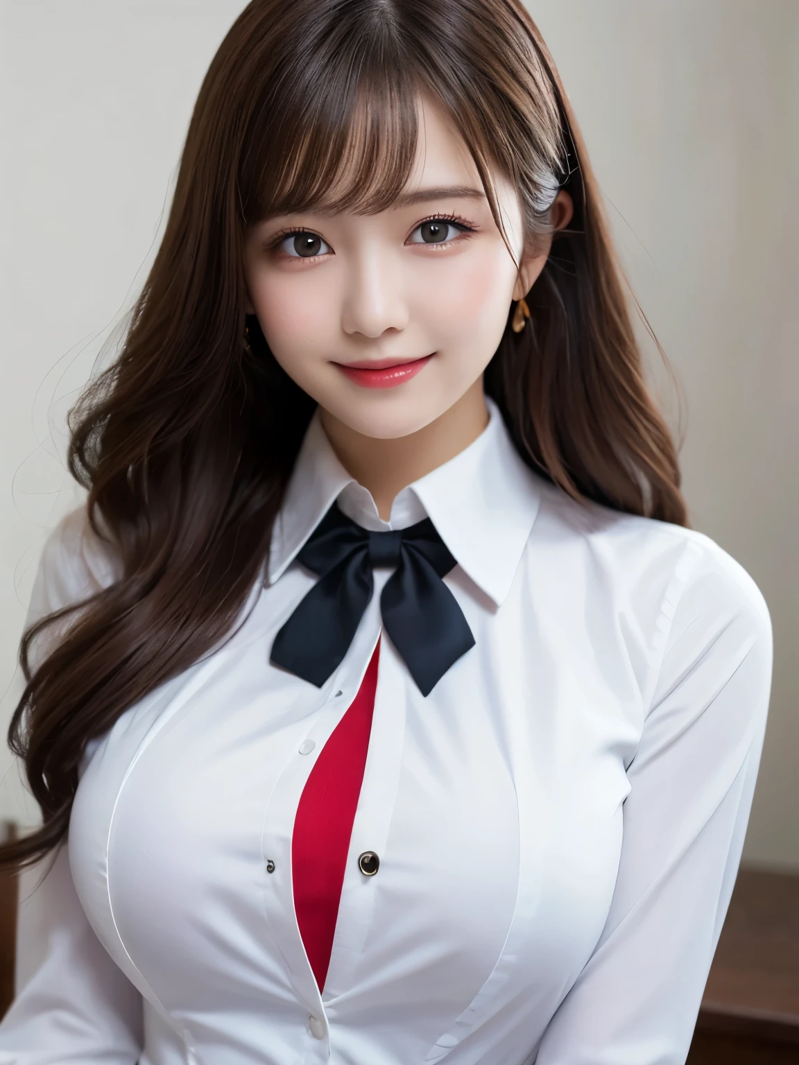 Tabletop, Highest quality, shape, Very detailed, In detail, High resolution, 8k wallpaper, Perfect dynamic composition, Beautiful details, White Magic Academy Uniform, Natural Lip, Big Breasts, Exposing the breasts,Asymmetrical Wave Hairstyle, smile, White Background