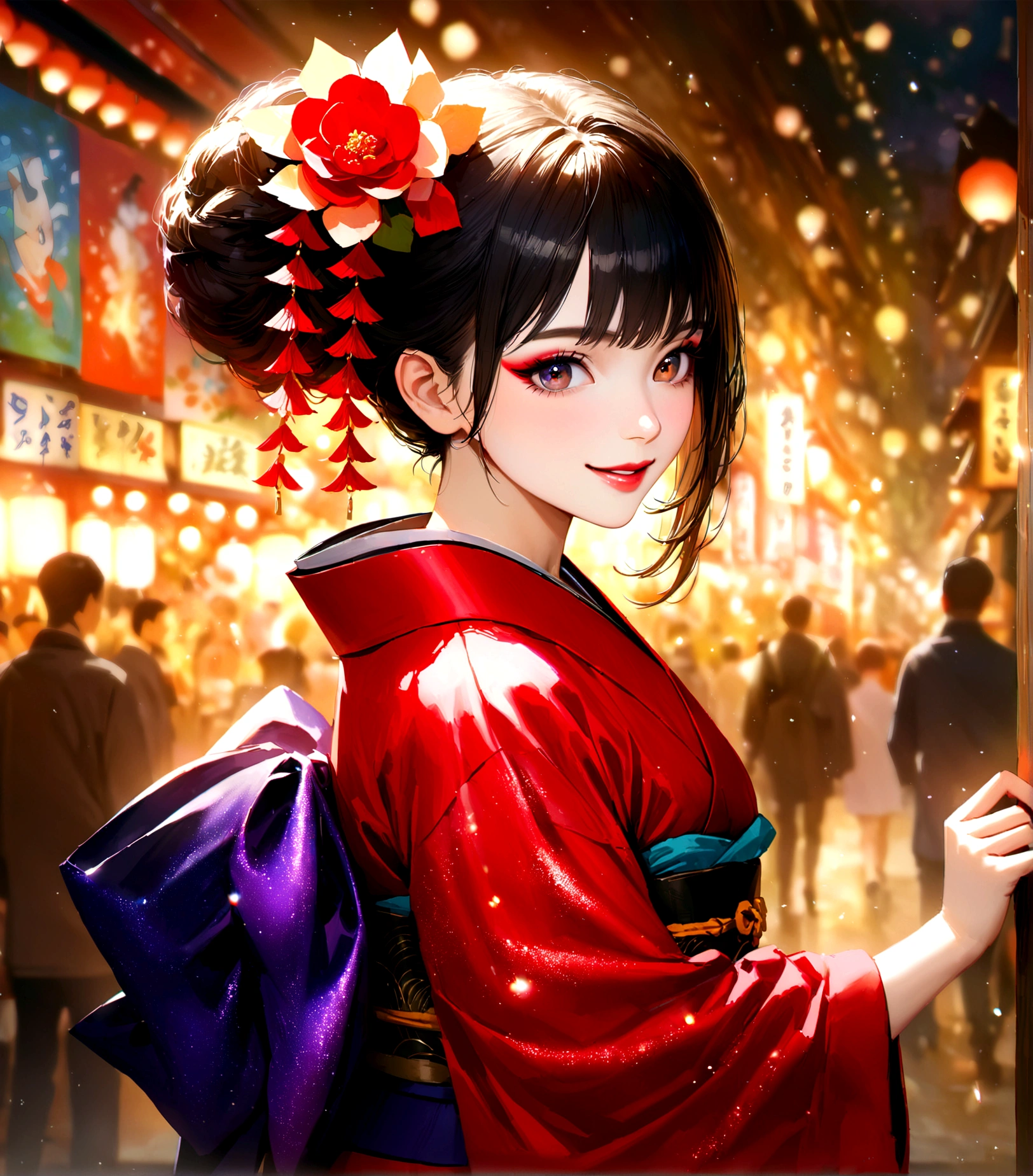 Kyoto, kimono,Maiko makeup,Blur the background,young woman,smile,Glitter effect,Highest quality, 8K, High resolution, masterpiece:1.2, Very detailed, Realistic:1.37, High resolution, 超High resolution, Ultra-fine painting, Professional, Vibrant colors