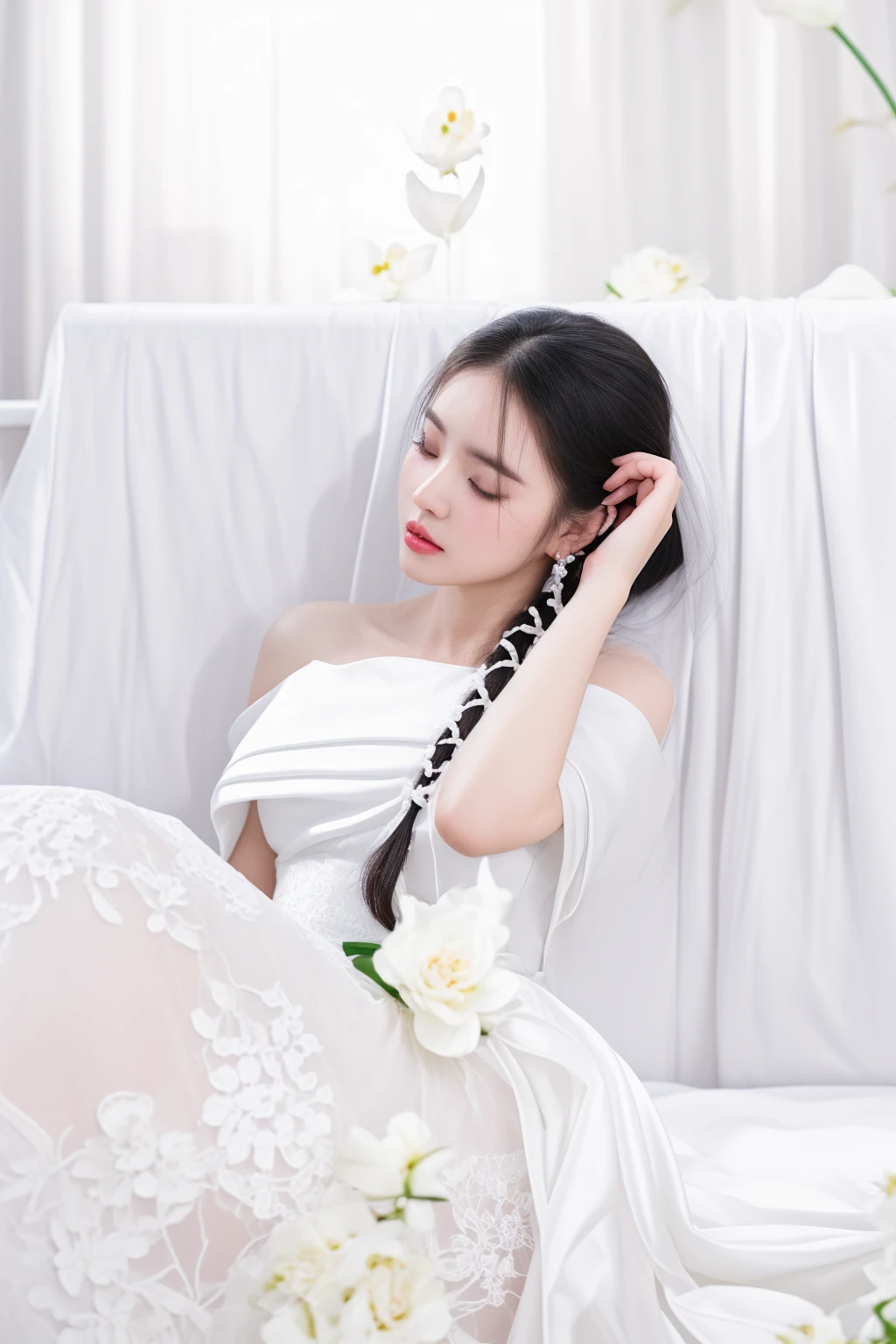 there is a woman laying on a couch with a flower in her hair, ao dai, a beautiful woman in white, wearing long gown, wearing a wedding dress, captured on canon eos r 6, white gown, bride, jia, in white room, portrait shot, 🤬 🤮 💕 🎀, in style of lam manh, milky white skin