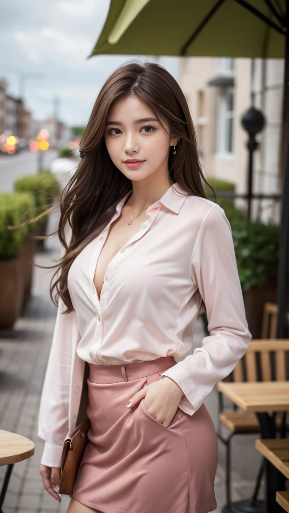 Best quality, Realistically, Extremely detailed, detailed, high resolution, 8k wallpaper, 1 beautiful woman, Pink moist lips, Light brown messy hair, Wearing a crimson suit, shirt, and white skirt, Lock focus, Perfect dynamic composition, beautiful eyes, Fine hair, Detailed Realistically skin texture, Smile, Close-up portrait, Model body type, On the terrace of a café, Blurred background, (full-body shot), Long-distance shooting,