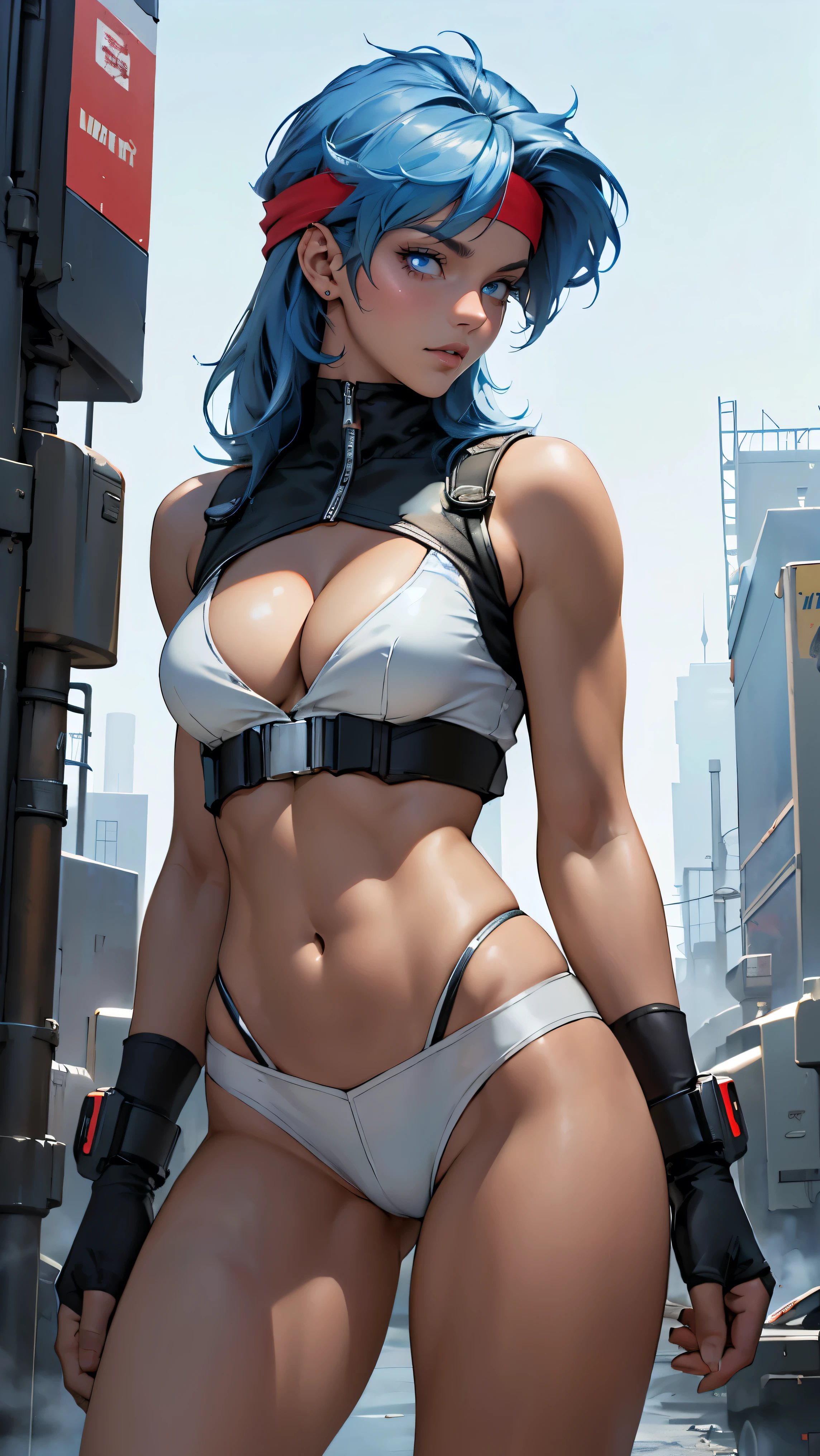 ((Masterpiece, highest quality; 1.3)), super quality, beautiful detail, super detailed, extra fine, 16K, exquisite, absurd, high resolution, beautiful background, detailed background, beautiful eyes, beautiful skin, anime style, Kay from Dirty Pair in a white outfit, tight outfit, cleavage, bushy redhead beauty, very light blue uniform, wearing tight clothes, skimpy, (mid chest: 1.2), cleavage, cleavage, slim waist , thin waist, slim thighs, thin legs, slim legs. thigh gap, showing stomach, skinny, thin hips, cyberpunk city background, holding retro space gun , headband,