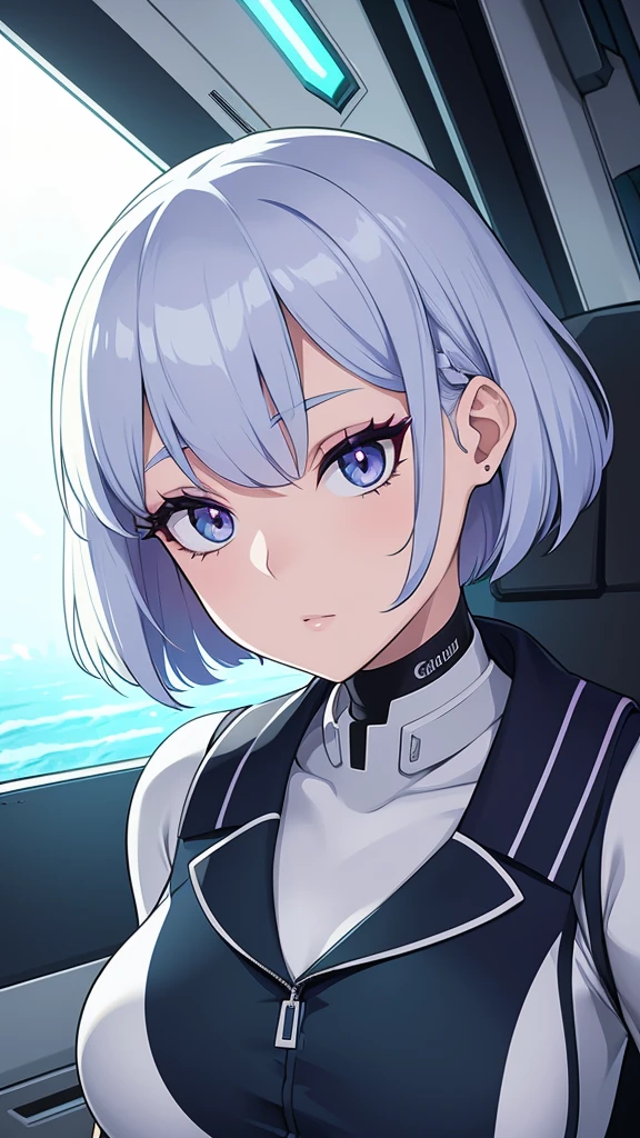 a sexy elite girl, beautiful, tall, wavy light blue hair, short cut, short forehead, her soft green eye, purple eyelashes, she wears a robotic metallic top, a military ship's aerial suit and pants, a gray military aerial suit's armor, black gloves, her hand, her back, her elite wing position.