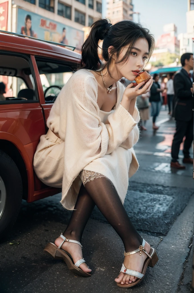 (((best quality))),(((ultra detailed))),(((masterpiece))),illustration,1girl,slim,sun-kissed skin,vibrant rose-pink cotton dress,short ponytail,flat chest,slender legs,pantyhose,sandals, bustling city streets, honking cars,surrounded by crowded crowds, colorful advertisements, street food vendor, grilled skewers, spicy sauce, enjoying sights and sounds,(darkened black skin:1.5)