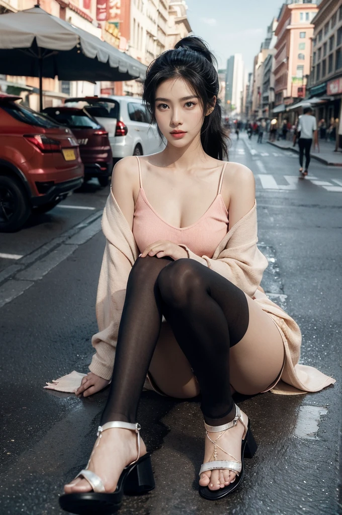 (((best quality))),(((ultra detailed))),(((masterpiece))),illustration,1girl,slim,sun-kissed skin,vibrant rose-pink cotton dress,short ponytail,flat ,slender legs,pantyhose,sandals, bustling city streets, honking cars,surrounded by crowded crowds, colorful advertisements, street food vendor, grilled skewers, spicy sauce, enjoying sights and sounds,(darkened black skin:1.5)