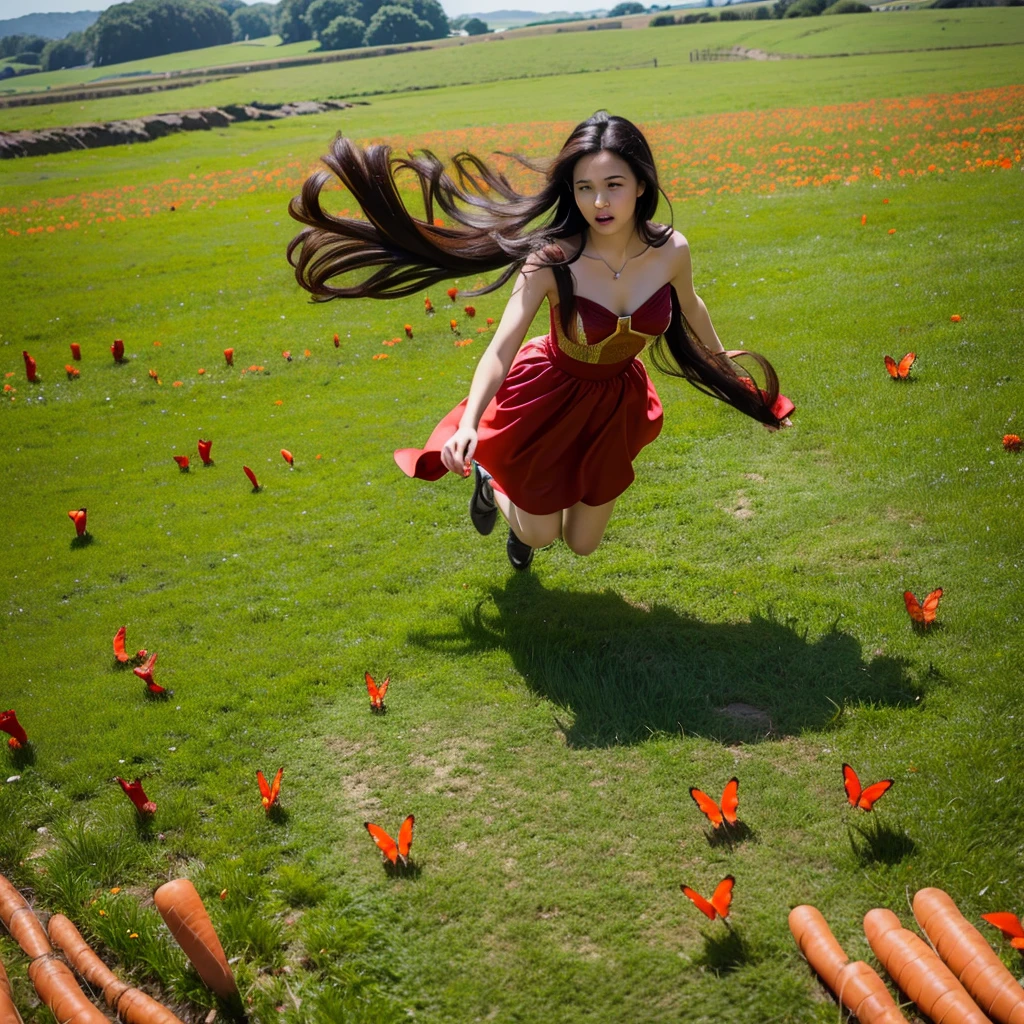 A woman in red gown running over a huge chess board placed in a field of carrots, surrounding birds flying and butterflies, (HDR quality 4k, 8k, high quality)