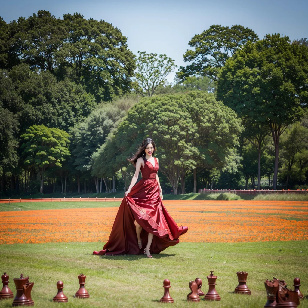 A woman in red gown running over a huge chess board placed in a field of carrots, surrounding birds flying and butterflies, (HDR quality 4k, 8k, high quality)