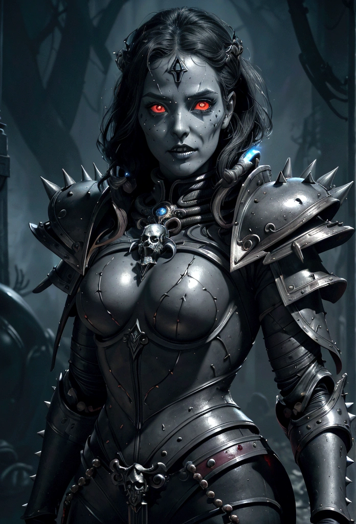 a gorgeous adepta sororitas from the movie tron, glowing skull armor, spikes, teeth, monster, dirty tentacles, pus pimples, cracked truenurgle, detailed face and eyes, beautiful lips, extremely detailed, 1girl, oil painting, concept art, dark fantasy, cinematic lighting, dramatic shadows, vibrant colors, moody atmosphere, hyper detailed, 8k, photorealistic
