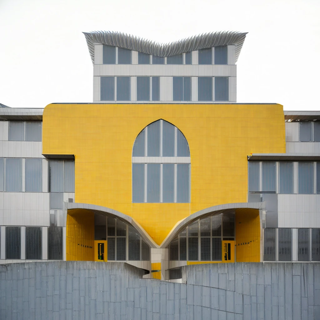 yellow building with a large arched window and a yellow door, reykjavik junior college, danube school, fzd school of design, modern technology building, post modern architecture, magnificent design, geometrical masterpiece, frontview, florentine school, unique architecture, unique architecture!, building facing, exterior view, outside view, masterpiece work of art