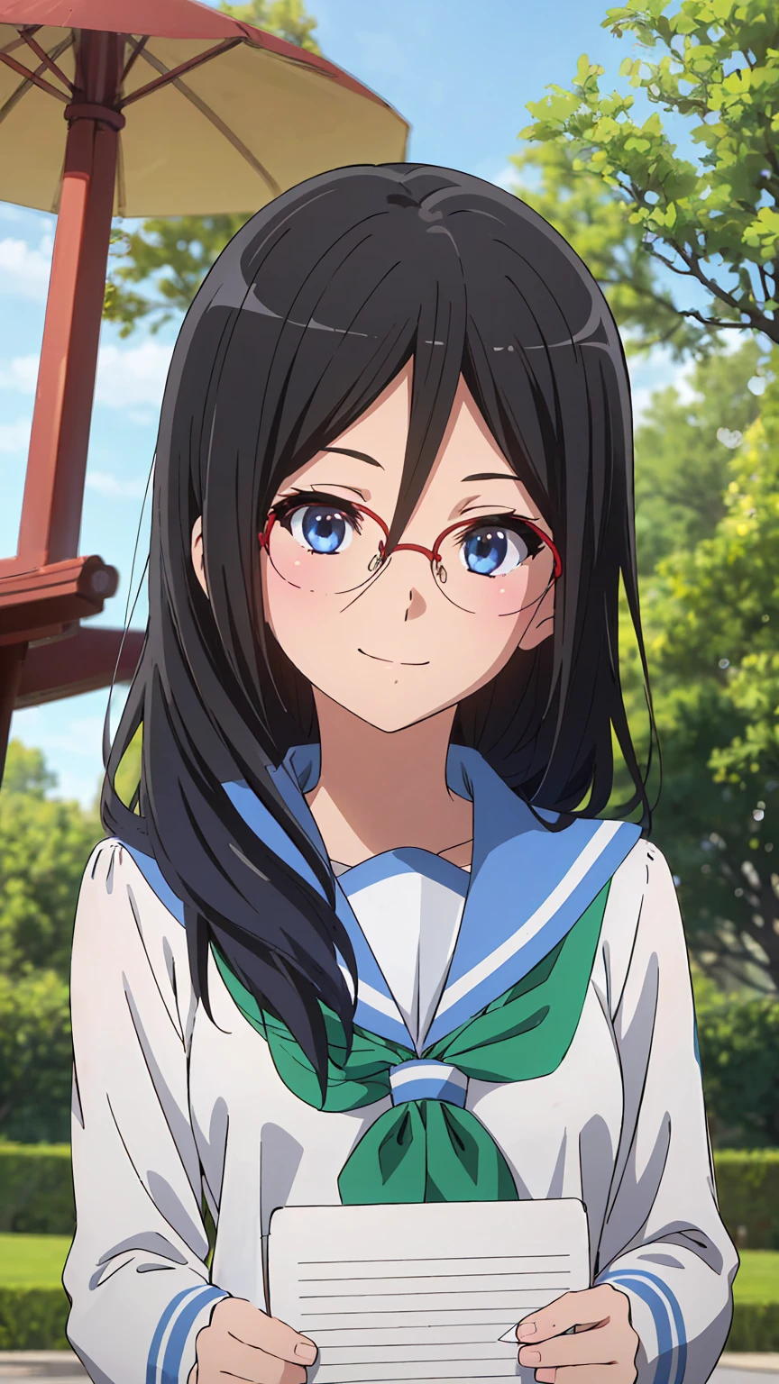solo, 1girl, looking at viewer, sketch, flat colors, 2D, anime, anime coloring, upper body, asuka tanaka, kitauji high , serafuku, blue sailor collar, green neckerchief, looking at viewer, smile garden sakura tree (holding a blank paper viewing it to the viewer: 1.5) 