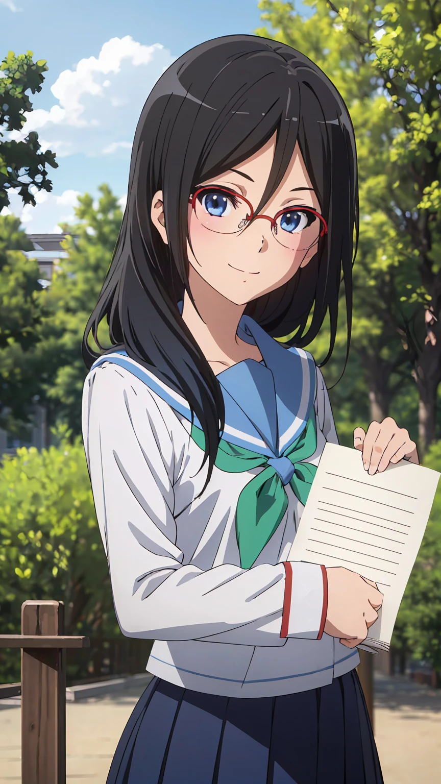 solo, 1girl, looking at viewer, sketch, flat colors, 2D, anime, anime coloring, upper body, asuka tanaka, kitauji high , serafuku, blue sailor collar, green neckerchief, looking at viewer, smile garden sakura tree (holding a blank paper viewing it to the viewer: 1.5)
