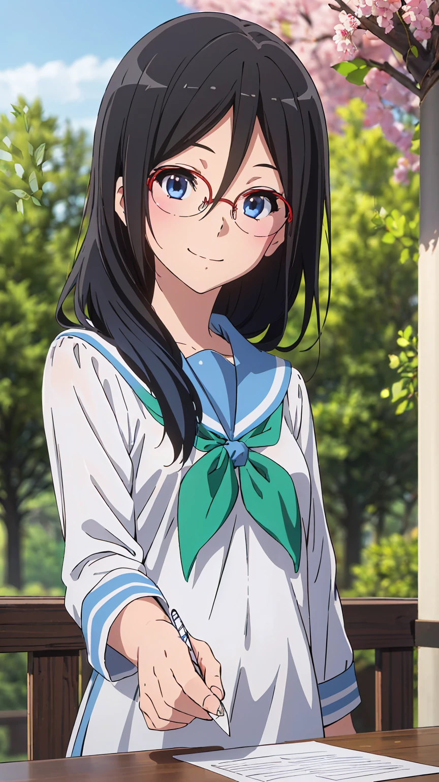 solo, 1girl, looking at viewer, sketch, flat colors, 2D, anime, anime coloring, upper body, asuka tanaka, kitauji high , serafuku, blue sailor collar, green neckerchief, looking at viewer, smile garden sakura tree (holding a blank paper viewing it to the viewer: 1.5)