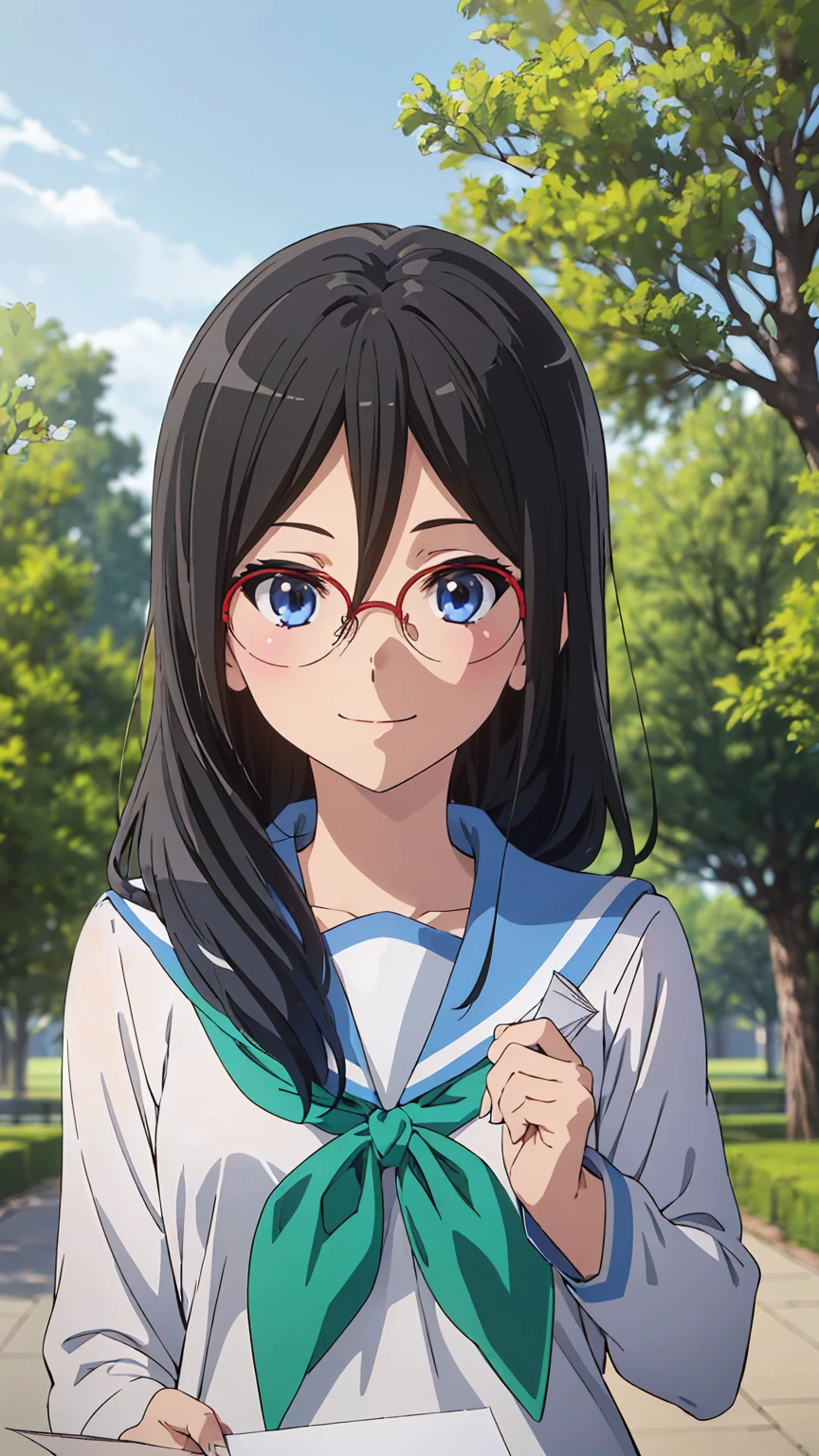solo, 1girl, looking at viewer, sketch, flat colors, 2D, anime, anime coloring, upper body, asuka tanaka, kitauji high , serafuku, blue sailor collar, green neckerchief, looking at viewer, smile garden sakura tree (holding a blank paper viewing it to the viewer: 1.5)