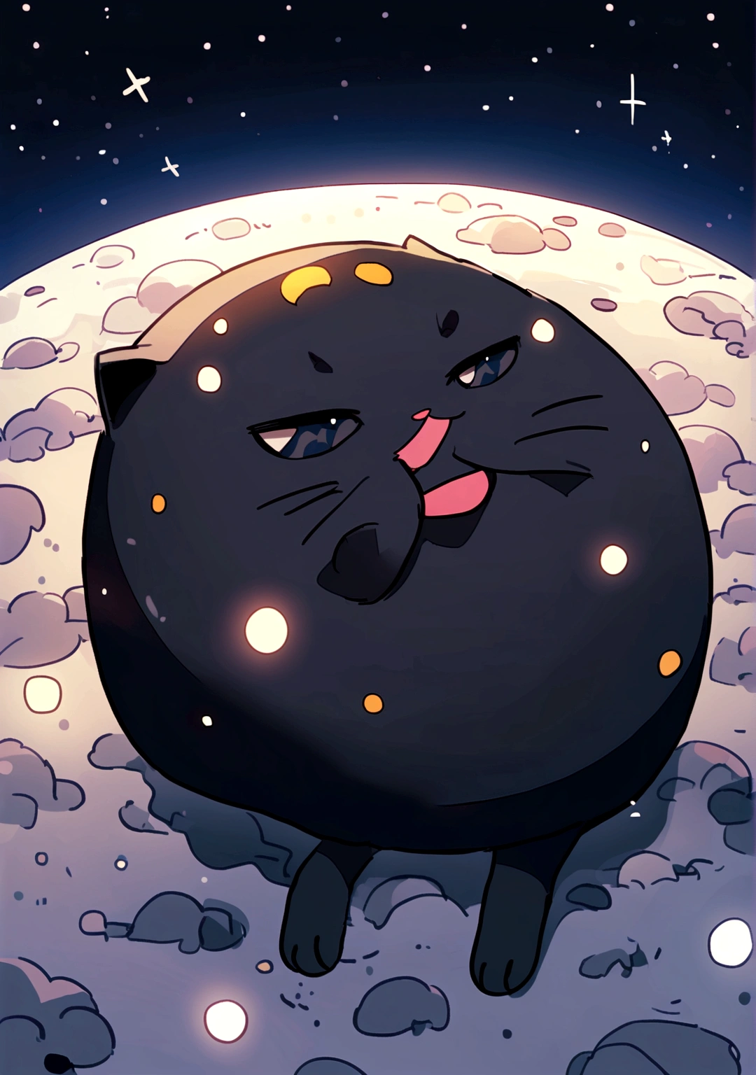 Very cute sleepy black cat on the moon