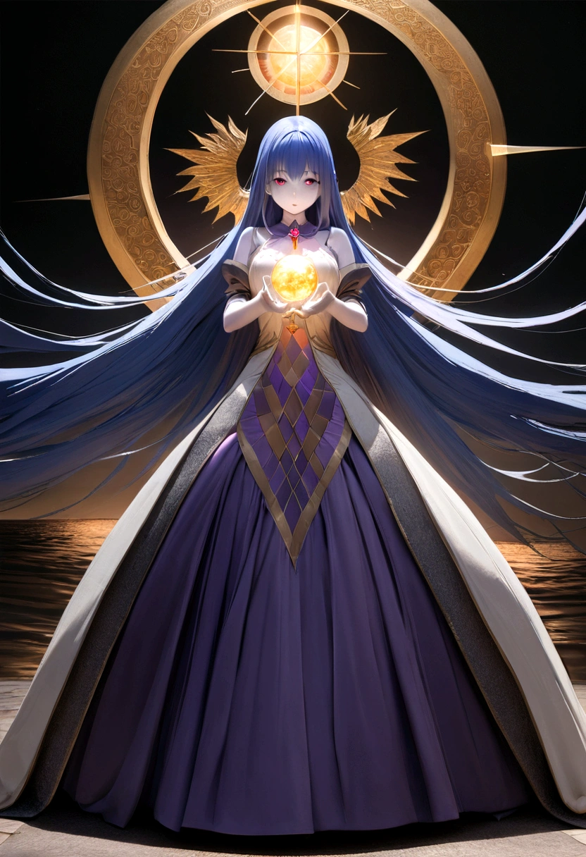 (woman\(Magical girl, Purple long skirt, Long flowing blue hair, Red pupils, Pale skin, Indifferent face,Cold eyes，Magic elements gathered in hand，The magic element forms a vortex that surrounds),night，Blood Moon,quality\(8K,Extremely detailed CG unit wallpaper, masterpiece,high resolution,top-quality,top-quality real texture skin,Surrealism,提high resolution,original photo,Best quality,Very detailed,light,Ray Tracing,Golden Ratio\)