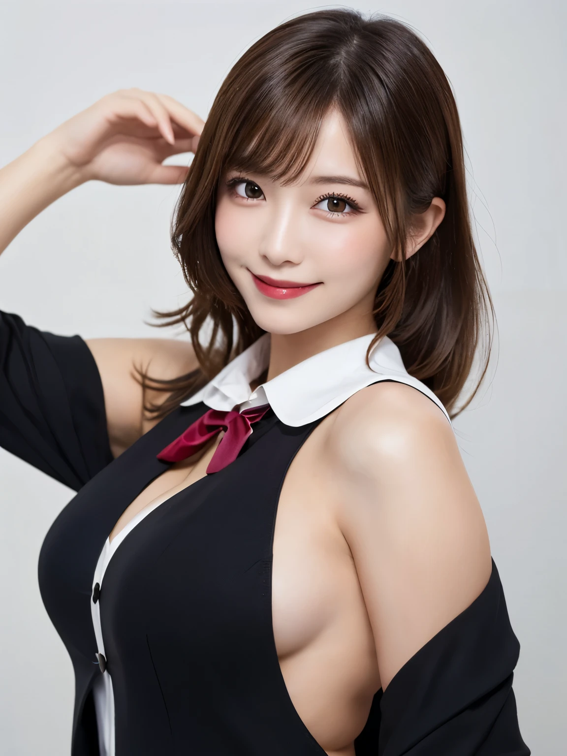 Tabletop, Highest quality, shape, Very detailed, In detail, High resolution, 8k wallpaper, Perfect dynamic composition, Beautiful details, White Magic Academy Uniform, Natural Lip, Big Breasts, Exposing the breasts,Asymmetrical Wave Hairstyle, smile, White Background