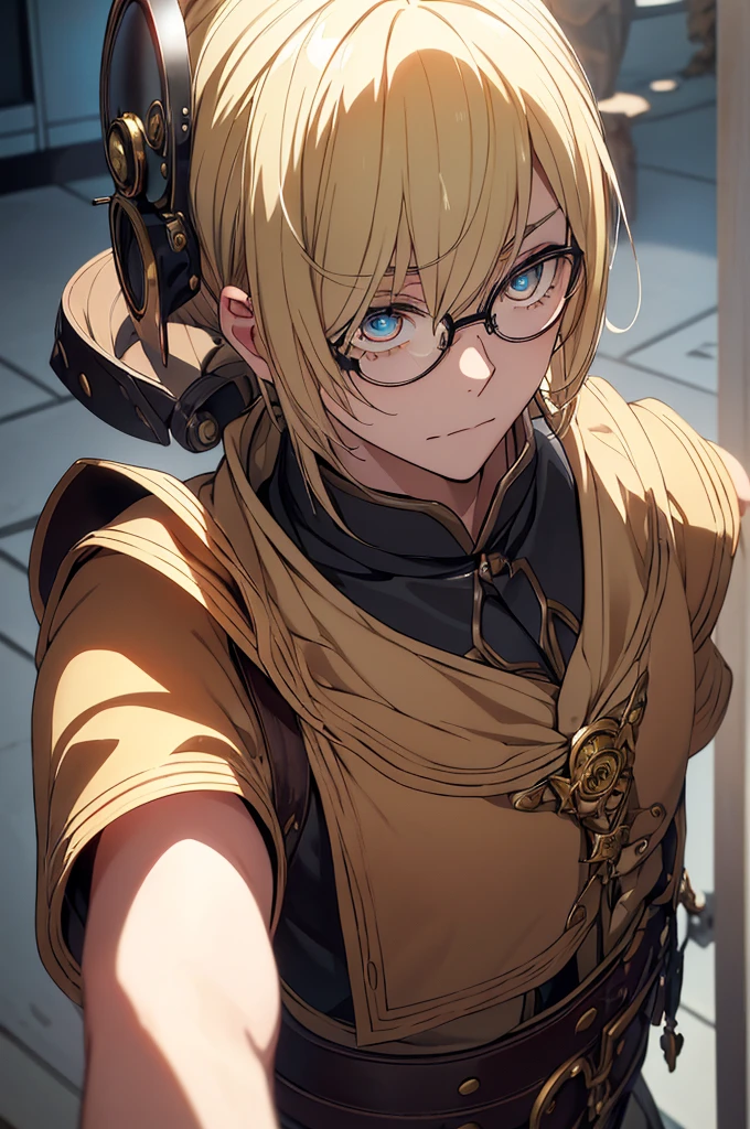 Blonde, Round Glasses, cool, (Gear Accessories), anime, beautiful, masterpiece, Highest quality, (1male性:1.5), (Shining Eyes:1.3), (Beautifully detailed eyes:1.1)、[[Delicate fingers and hands:0.55]::0.85], (Detailed reference),male, maleらしく, male, (Not as it really is), (bad), (Not as it really is感), No chest