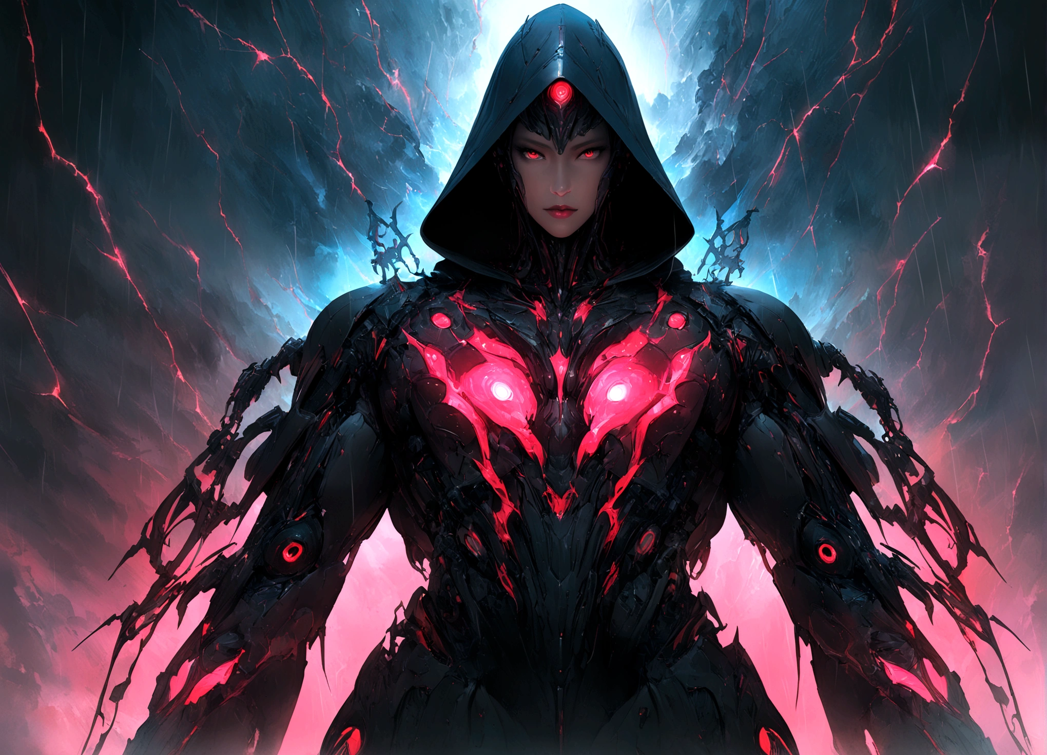 masterpiece, cyborg, The body is glamorous、, Wearing a hood, Shrouded in shadow, , Positano colours, Completely in frame, whole body, Emits electrical energy, whole body, Beautiful anime waifu style man, Ultra-detailed CG paintings, Luminism, Art by Kahn Griffith and Vadim Kashin Concept Art, 8K resolution, Fractal isometric details Bioluminescence , complicatedly detailed , Cinematic, trending on art station Isometric Centered hyper Realistic cover photo awesome full color, Grainy, Realistic, complicated, Hit definition , Cinematic, Bold, Vibrant, amazing, Super high quality model、Being pelted by rain in the dark、Controlling Lightning、Red eyes