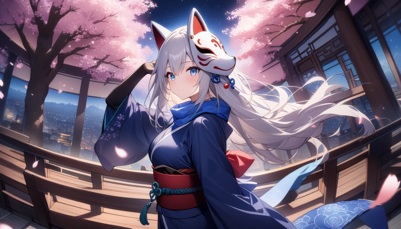 A magnificent view of the city from the treetops、(masterpiece, best quality:1.2), 1girl, 独奏,Wolf girl, fox mask, ninja, girl, long white hair, odd eyes, blue kimono, ninja girl, red and blue scarf,Dancing Cherry Blossoms,Full moon backlighting, light coming in, fantastic atmosphere.night、Shadows of light and darkness、Eyes glowing in the dark、Black fox mask、Fisheye Lens、Expansive starry sky、long hair that spreads、Overlooking the city from atop a large cherry tree、Aside exposure、A Chinese umbrella with a cherry blossom pattern
