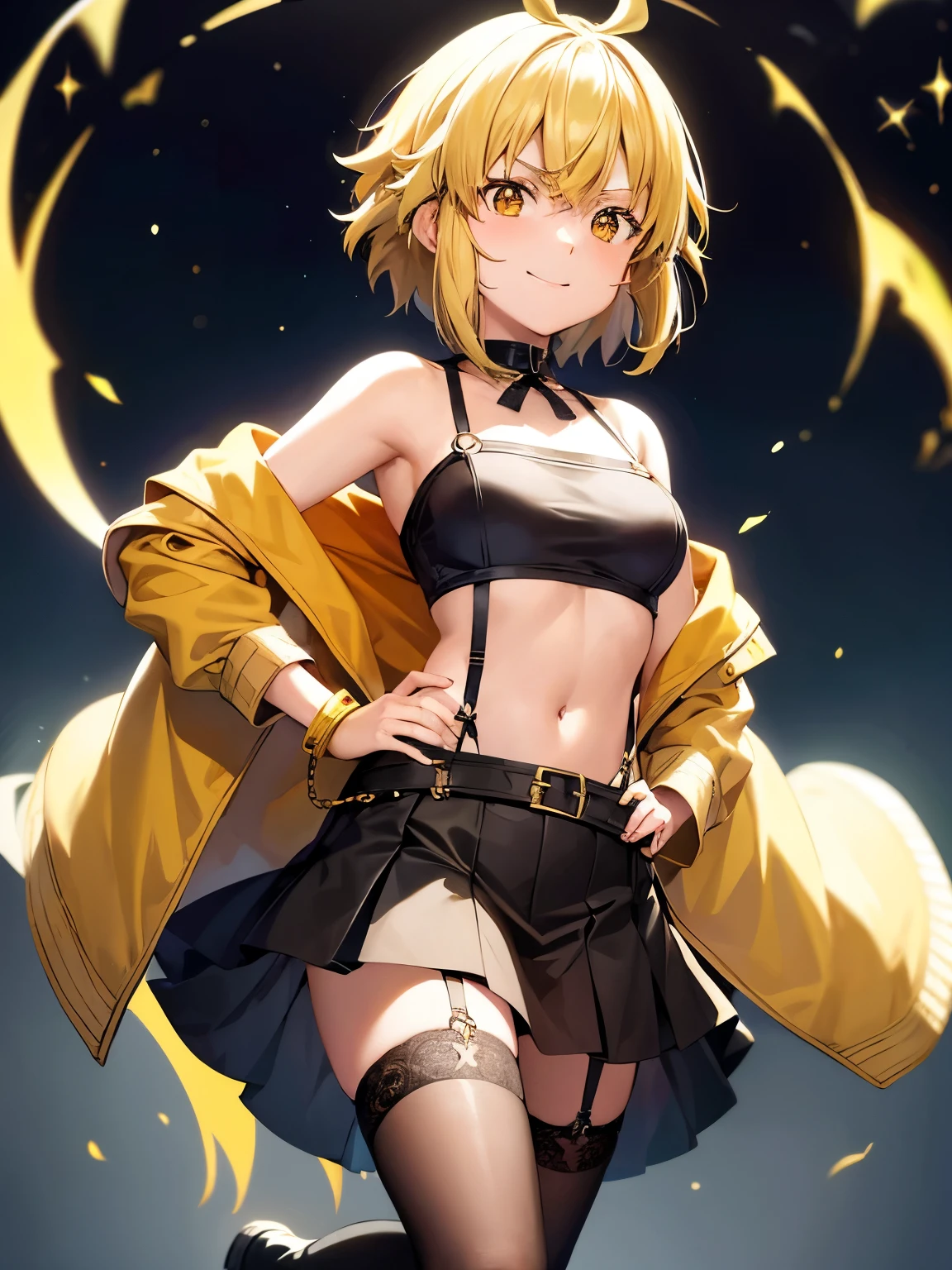 Argo ,Argo the rat, Short hair, Orange eyes, highly contrast, Showcase high-quality artwork, bare neck,beautiful face,beautifulgirl,smile,hand on hip,ear ornament, hairclip, ((yellow jacket)), crop top, cropped jacket, open clothes, open jacket, strapless, tube top, bandeau, long sleeves, midriff, navel, suspenders, animal print, belt, suspender skirt, black skirt, pleated skirt, green socks, black footwear, boots,from front,Dynamic lighting ,watercolor medium, star cluster, particle, reflection light, stars, ruins of beautiful details, {{orange revolve round Stellar black hole}}, big circle, very fine 8KCG wallpapers, masterpiece, very fine 8K CG wallpaper,
