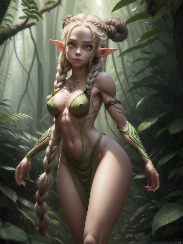 female cute elf, (anatomical biometrical hands), in a jungle, two braid hair, wearing elf dress, cute face, full body, looking back (hyper detailed eyes, hyper detailed face), 16k, 8k, RAW photo, best quality, masterpiece, high detail RAW color photo, dramatic lighting, cinematic lighting, back light, professional lighting