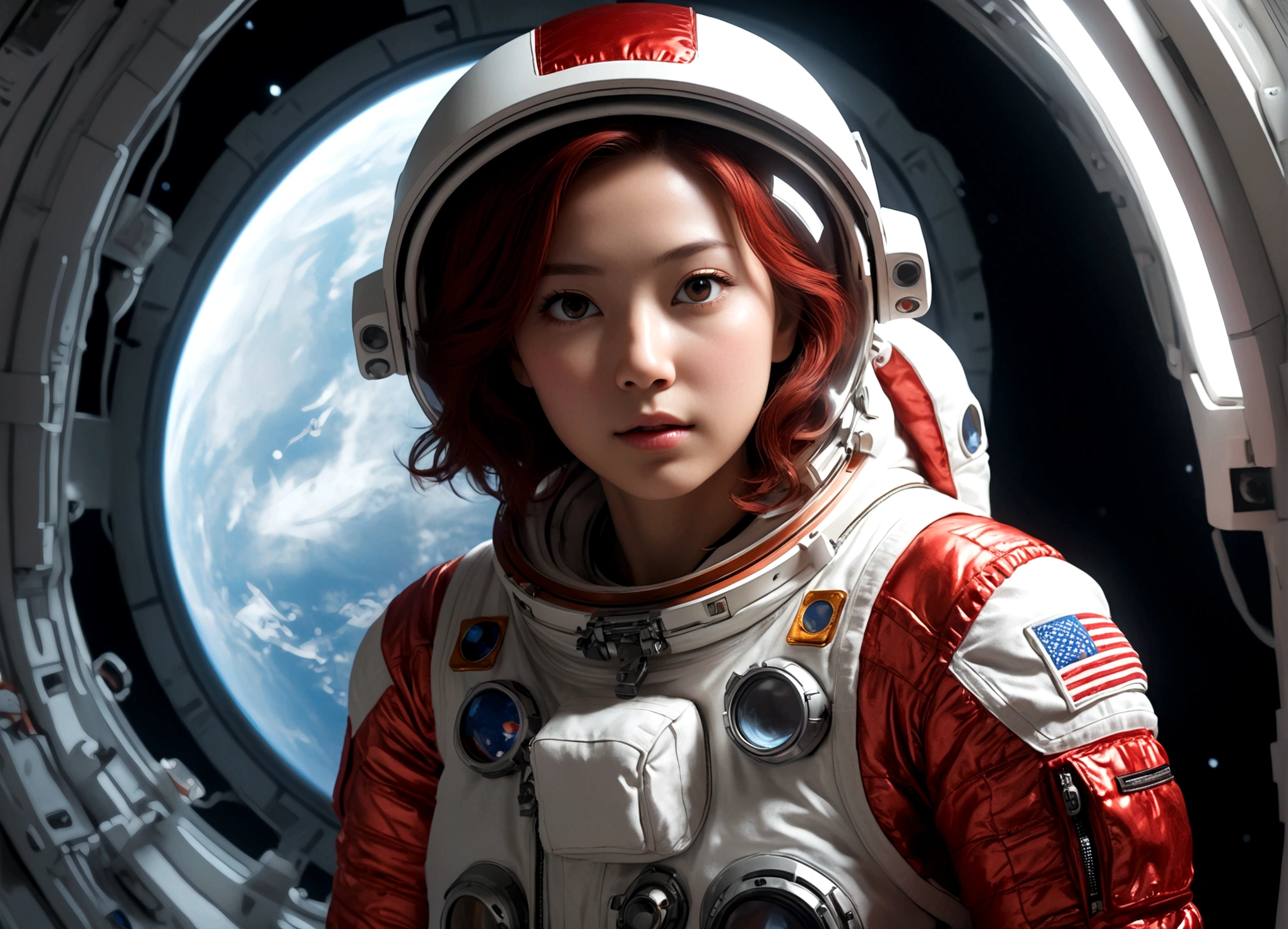 The astronaut is a 30-year-old woman.., white and red metallic clothing, cinematic, picture 촬영, half backlight, back light, dramatic lighting , incandescent light, soft lighting, Incredibly detailed and complex, hyper maximalist, Art, elegant pose, dynamic, picture, volume , very detailed, intricate details, Gwise의 very detailed 걸작, future environment