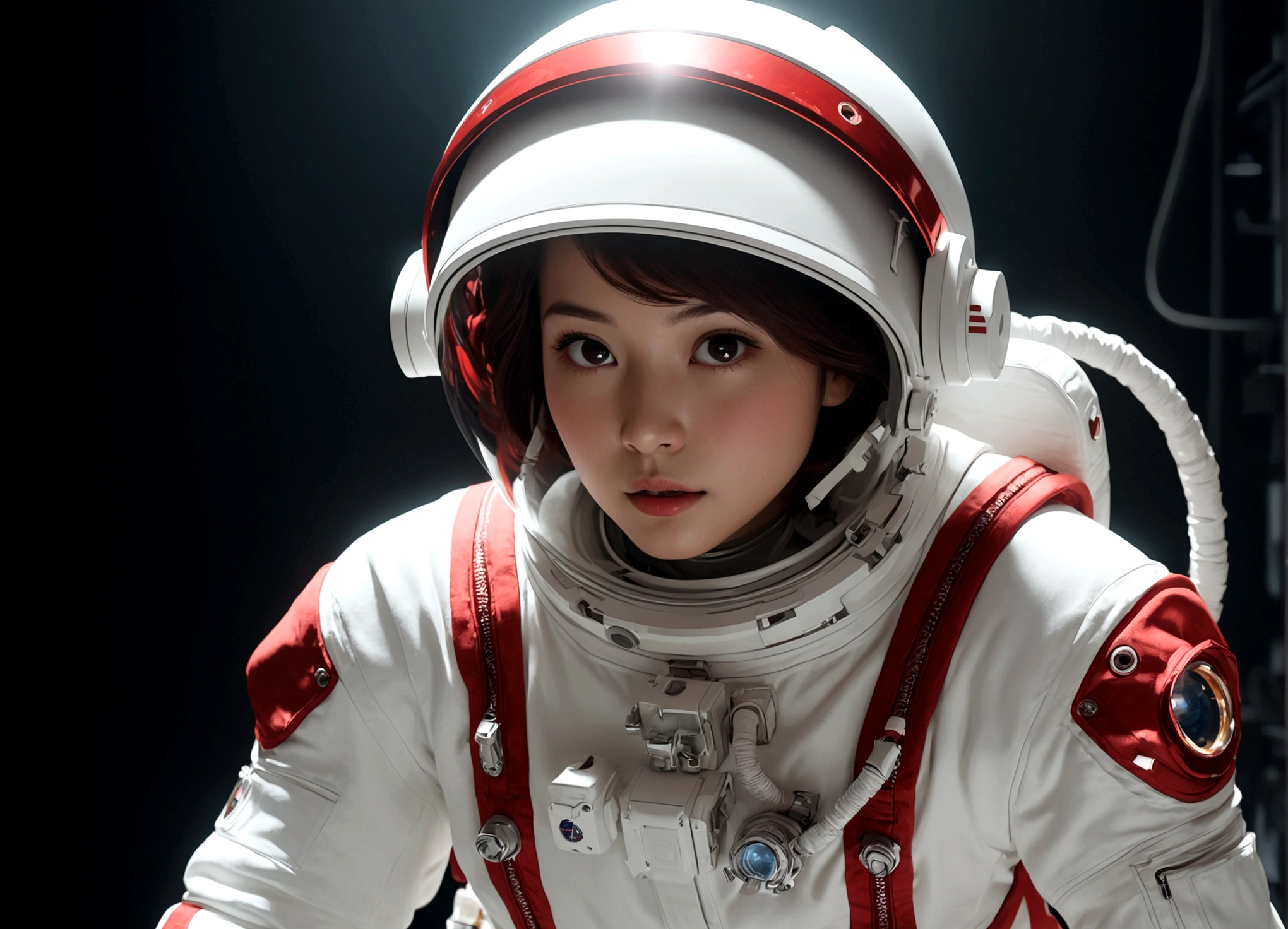 The astronaut is a 30-year-old woman.., white and red metallic clothing, cinematic, picture 촬영, half backlight, back light, dramatic lighting , incandescent light, soft lighting, Incredibly detailed and complex, hyper maximalist, Art, elegant pose, dynamic, picture, volume , very detailed, intricate details, Gwise의 very detailed 걸작, future environment