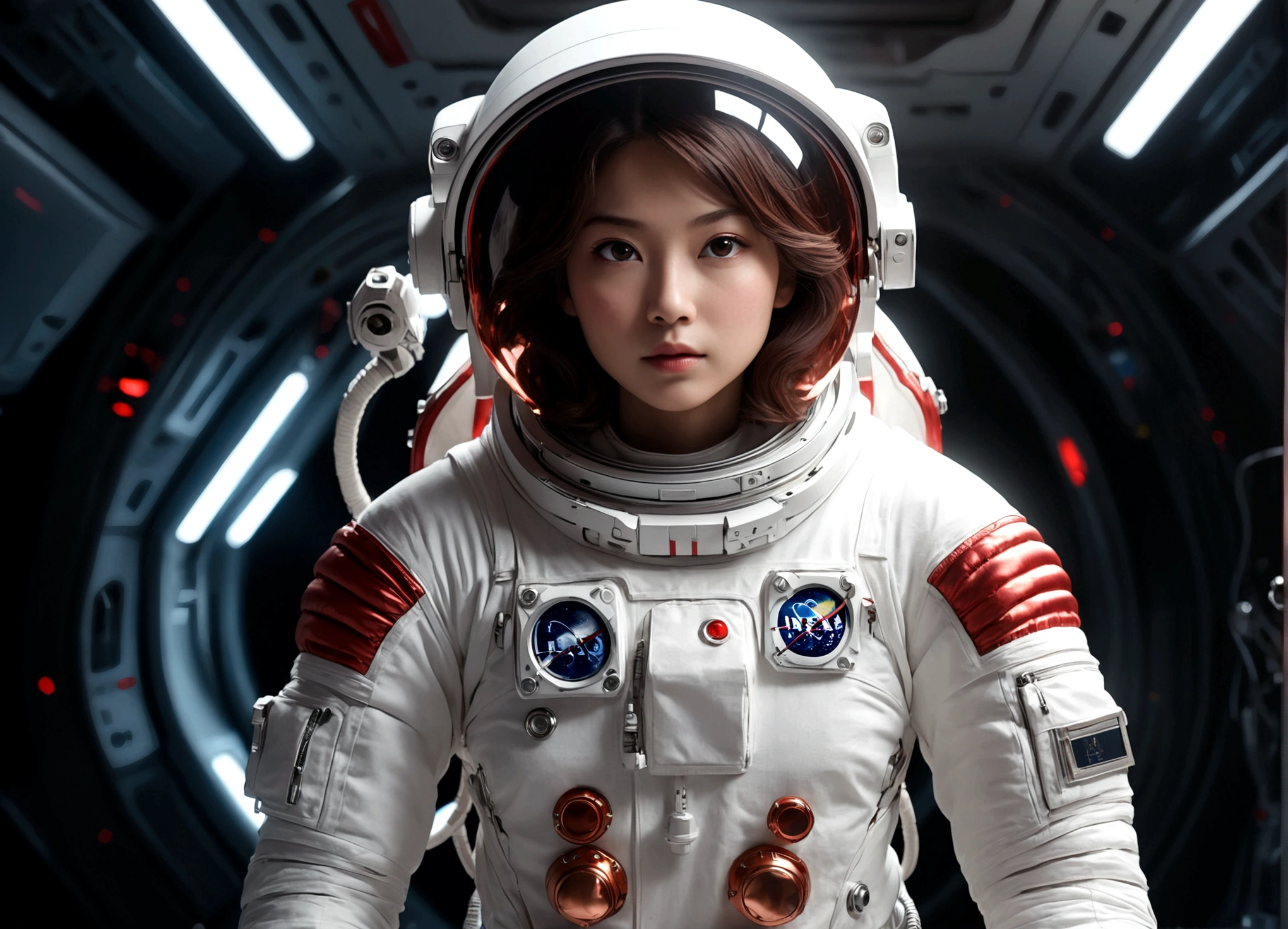The astronaut is a 30-year-old woman.., white and red metallic clothing, cinematic, picture 촬영, half backlight, back light, dramatic lighting , incandescent light, soft lighting, Incredibly detailed and complex, hyper maximalist, Art, elegant pose, dynamic, picture, volume , very detailed, intricate details, Gwise의 very detailed 걸작, future environment