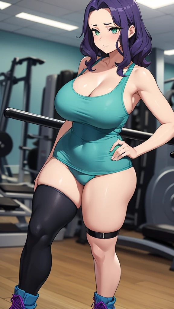an elite girl, big breast, sexy, beautiful, tall, wavy turquoise hair, mencho cut, short forehead, her green eye, soft purple eyelashes, she wears a metallic blue top, gym, sexy curve, sensual, and a blue short, small gray boot.