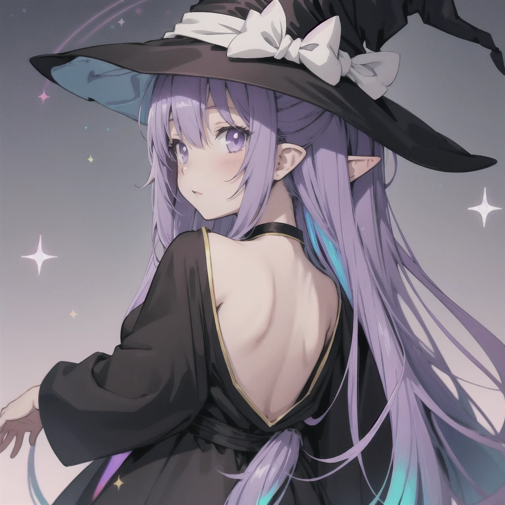 anime girl long purple hair wearing a black Robe. she has pointy ears. Witch Hat. Manga kawaii. iridescent ,An illustration, 0ne person .look back