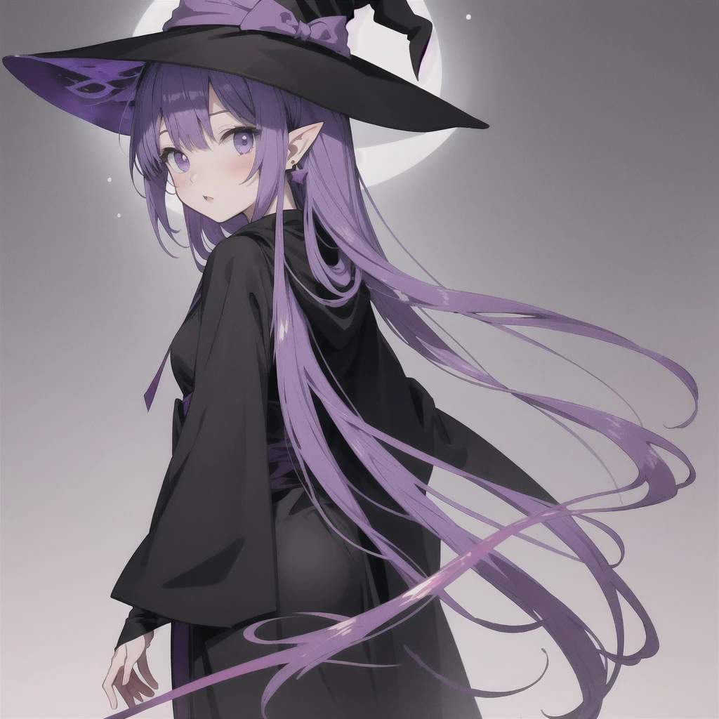 anime girl long purple hair wearing a black Robe. she has pointy ears. Witch Hat. Manga kawaii. iridescent ,An illustration, 0ne person .look back
