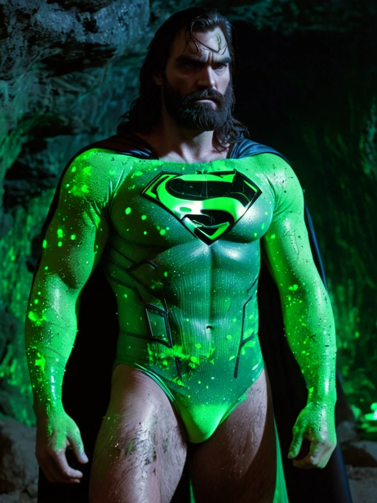 1980s. A cave prison filled with green-glowing ores. Superman has been imprisoned for a long time and is emaciated. He has a pained, pitiful expression, dirty skin, and a pair of dirty white briefs on his bare body. He has thick body hair, long hair, a long beard, a Superman mark on his chest, and is being held in the arms of a tall Batman in a shiny costume. High-resolution photo.