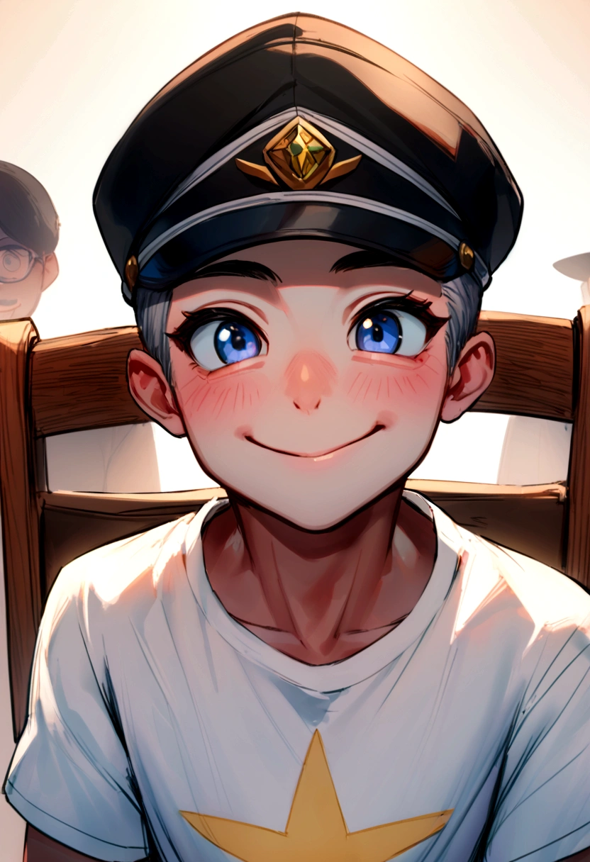 He is wearing a plain white T-shirt and a black cap,Wearing a black cap,Japanese,Small Nose,good looking,tall,Looking at the camera from the front,(Background blur) (Highest quality) (Detailed skin) (Detailed Texture) (8K) (clay) (Cinema Lighting) ，Sitting on a chair and exposing the upper half of my body、He is the leader of the class、Is giving a presentation、Able to work、Presentation Venue、Be confident、leadership、smile、Close-up Character, Character pose、明るいsmile