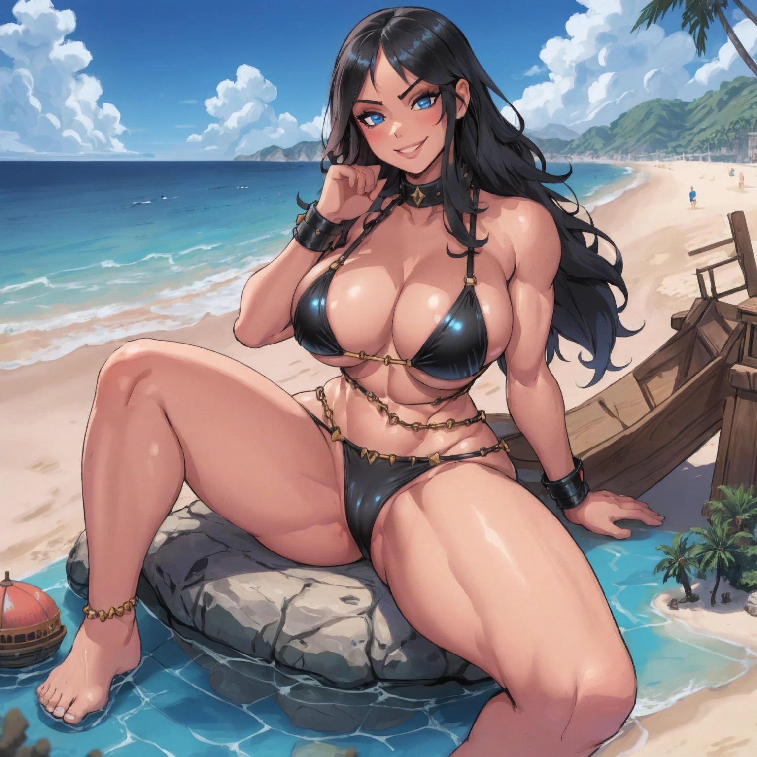 giantess, female, black hair, blue eyes, muscular build, bikini, large breasts, smiling, reclining on sand, (giantess:1.6), beachside, resort, surrounded by tiny people,