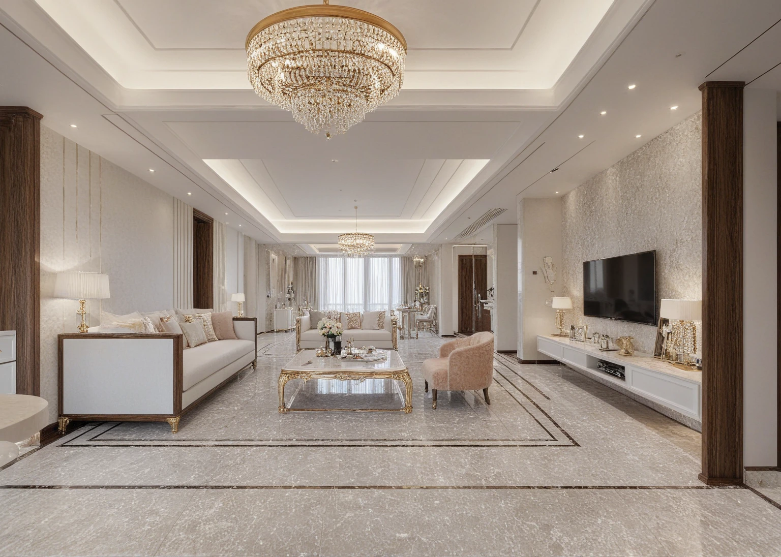 ,Masterpiece, Best quality,8K, Ultra-high resolution,When you step into the (living: 1.1) ,Immediately surrounded by a rich atmosphere of luxury. The space  was covered with a soft white fluffy blanket,It is so comfortable,So much so that you can't help but indulge in it。Embellished with precious porcelain and white-off gold ornaments。Whenever it is late afternoon,The afterglow from the window spilled on the floor,Soft light and shadow are reflected,It was as if entering a dreamland. ((Wooden chair and table : 1.3)), ((COLUMN MIRROR : 1.3))