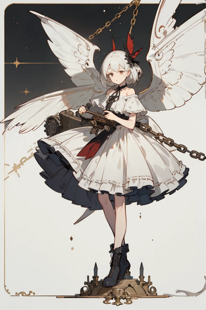 ((Highest quality)), ((masterpiece)), (detailed), One girl, Off the shoulder, blank White Background, Plain background, White Background, Red and white outfit, Inspired by Bloodborne, occult aesthetic, occult, detailed and intricate steampunk and detailed gothic, Browsing Caution, Very dramatic and cinematic lighting, Space horror, dark, Side light, Perfect Face, Browsing Caution, Fluttering lace flared long Knee length dresses with frilly petticoats, Knee length dresses, Pleated petticoat, ta Dress, Petticoat Gothic LoliIntricate lace boots, Side light, Gothic Lolita Aetics, Wield a powerful sword equipped with mechanical parts, Wings of different kinds of insects, Browsing Caution, full body, whole body, body, Plain background, White Background, Blank Background, No background, White Background Browsing Caution, chain, full body, whole body, head-to-toe Browsing Caution