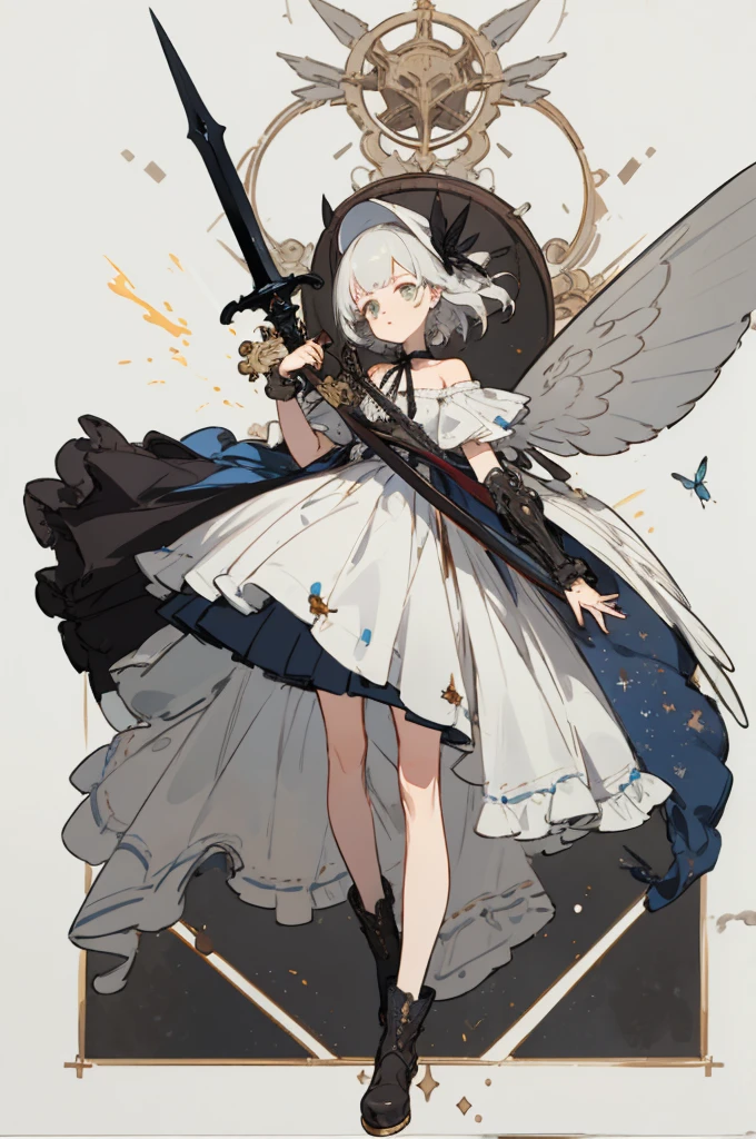  ((Highest quality)), ((masterpiece)), (detailed), One girl, Off the shoulder, blank White Background, Plain background, White Background, Red and white outfit, Inspired by Bloodborne, occult aesthetic, occult, detailed and intricate steampunk and detailed gothic, Browsing Caution, Very dramatic and cinematic lighting, Space horror, dark, Side light, Perfect Face, Browsing Caution, Fluttering lace flared long Knee length dresses with frilly petticoats, Knee length dresses, Pleated petticoat, Lolita Dress, Petticoat Gothic Lolita, Intricate lace boots, Side light, Gothic Lolita Aesthetics, Wield a powerful sword equipped with mechanical parts, Wings of different kinds of insects, Browsing Caution, full body, whole body, body, Plain background, White Background, Blank Background, No background, White Background Browsing Caution, chain, full body, whole body, head-to-toe Browsing Caution 