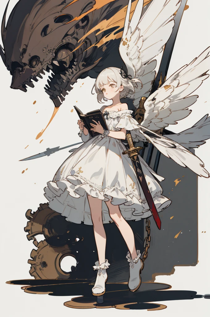 ((Highest quality)), ((masterpiece)), (detailed), One girl, Off the shoulder, blank White Background, Plain background, White Background, Red and white outfit, Inspired by Bloodborne, occult aesthetic, occult, detailed and intricate steampunk and detailed gothic, Browsing Caution, Very dramatic and cinematic lighting, Space horror, dark, Side light, Perfect Face, Browsing Caution, Fluttering lace flared long Knee length dresses with frilly petticoats, Knee length dresses, Pleated petticoat, Lolita Dress, Petticoat Gothic Lolita, Intricate lace boots, Side light, Gothic Lolita Aesthetics, Wield a powerful sword equipped with mechanical parts, Wings of different kinds of insects, Browsing Caution, full body, whole body, body, Plain background, White Background, Blank Background, No background, White Background Browsing Caution, chain, full body, whole body, head-to-toe Browsing Caution