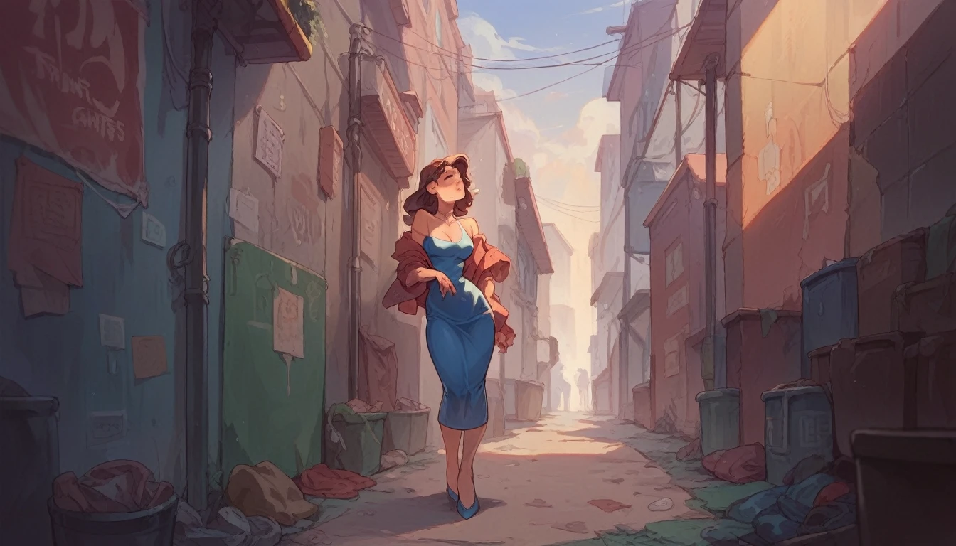 girl in tight party dress being groped by many strangers in an alley