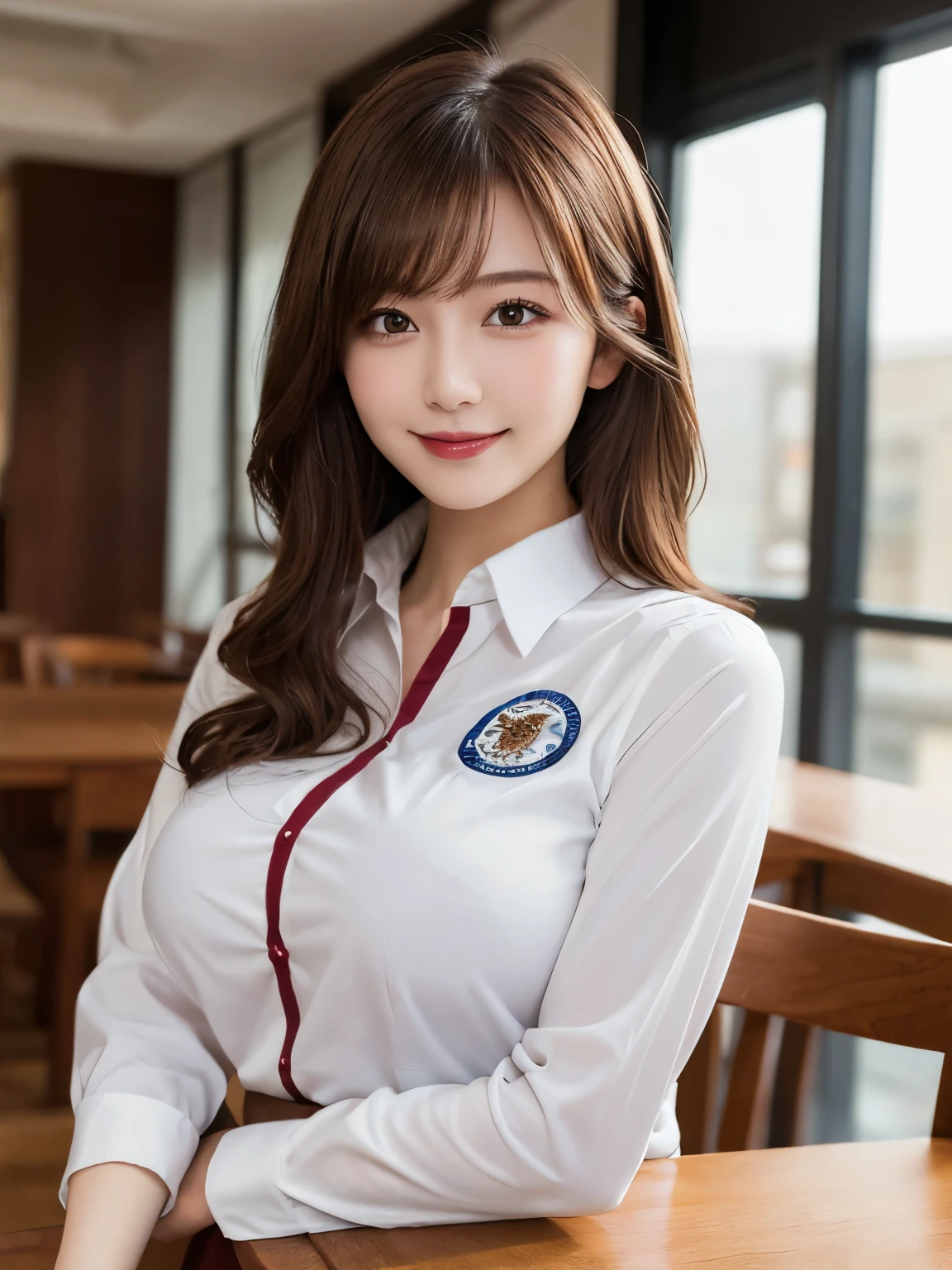 Tabletop, Highest quality, shape, Very detailed, In detail, High resolution, 8k wallpaper, Perfect dynamic composition, Beautiful details, White Magic Academy Uniform, Natural Lip, Big Breasts, Exposing the breasts,Asymmetrical Wave Hairstyle, smile, White Background