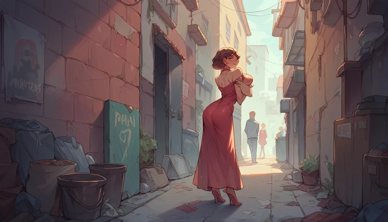 girl in tight party dress being  by many strangers in an alley