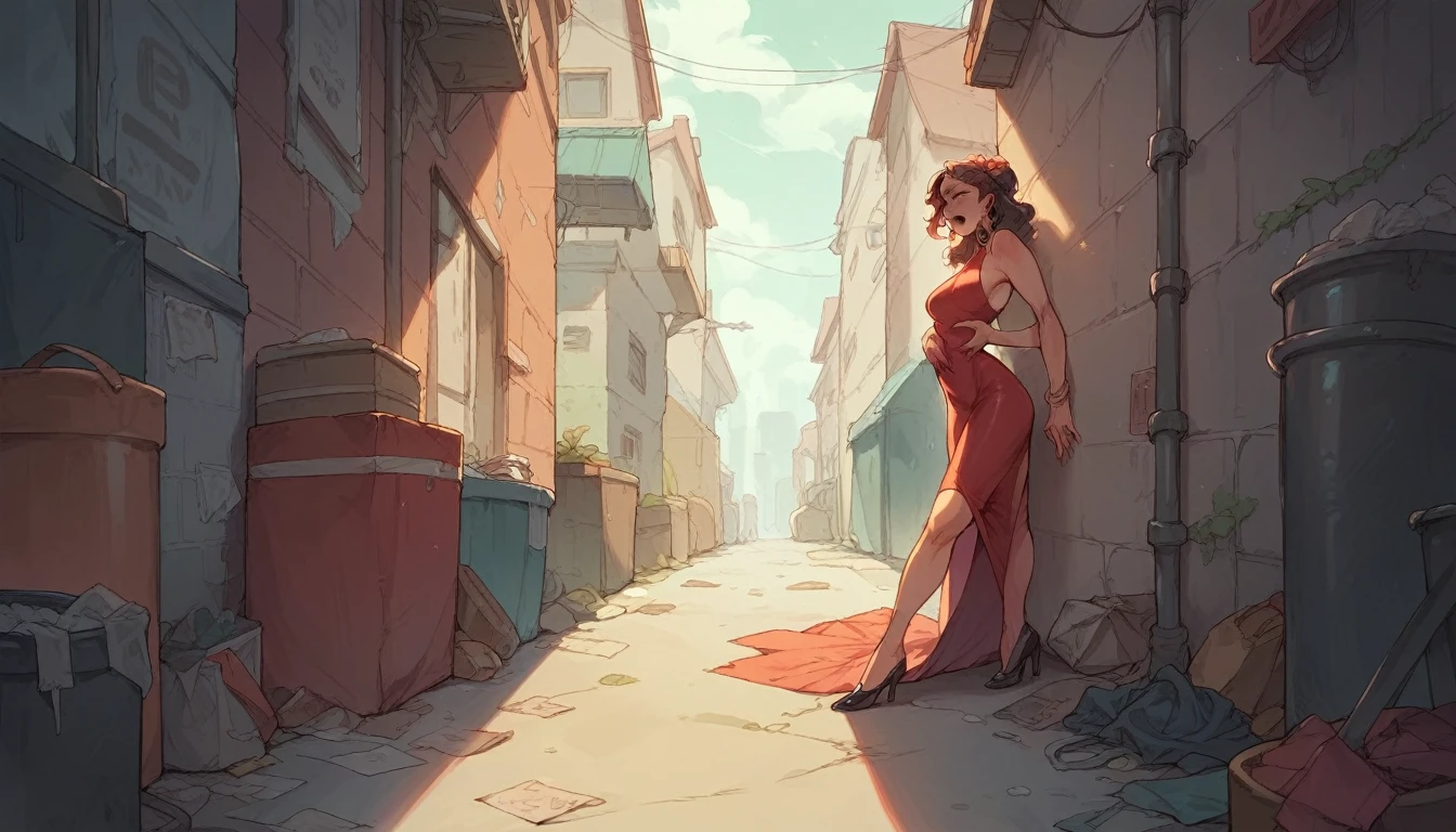 girl in tight party dress being groped by many strangers in an alley