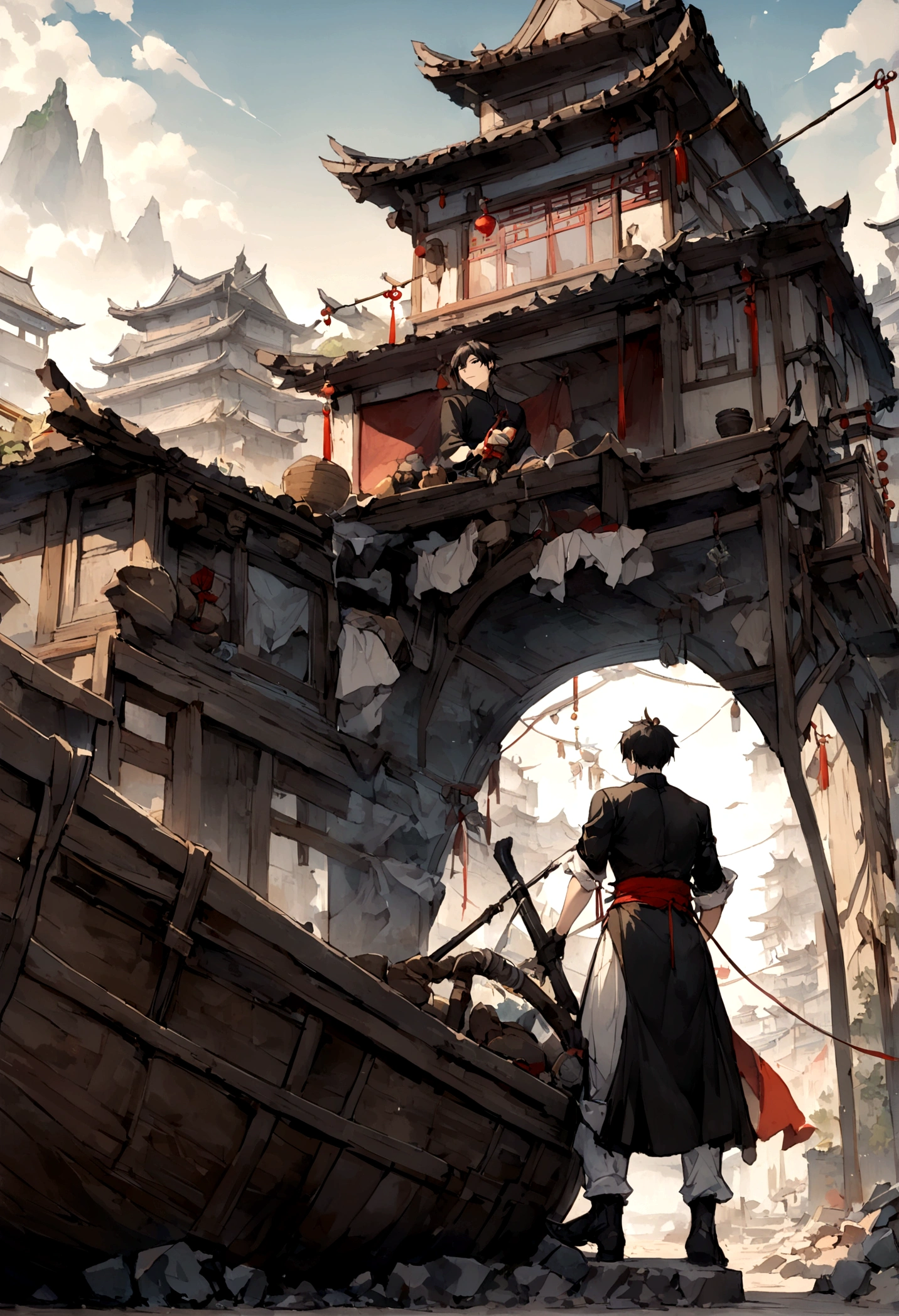 A young boy，Very bright smile，Eyes sparkle，short hair，((Shabby laundry))，Standing on the beach，The background is a small fishing village，（Old boat），Dilapidated building，((Chinese style，Immortal World，Xianxia World))