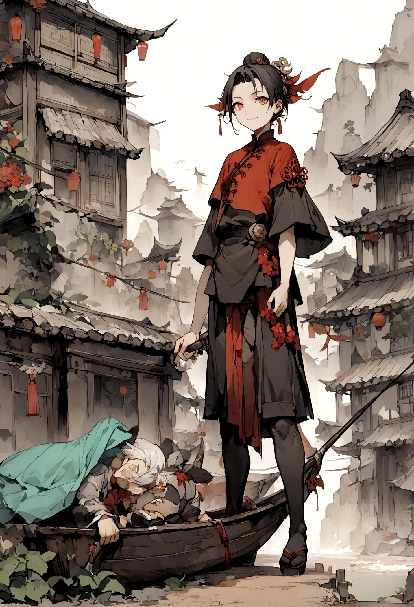 A young boy,Very bright smile,Eyes sparkle,short hair,((Shabby laundry)),Standing on the beach,The background is a small fishing village,(Old boat),Dilapidated building,((Chinese style,Immortal World,Xianxia World))