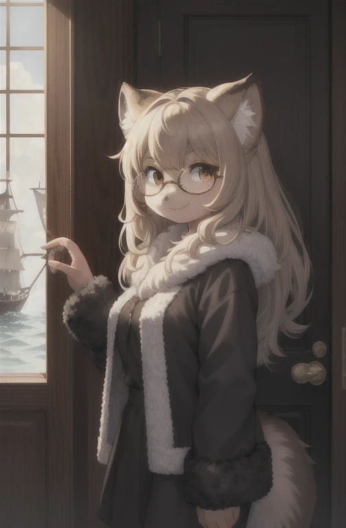 masterpiece, Best quality,1 girl,fluffy,Ship,Manul Girl,door side,
perfect light,glasses,Animal nose,One,The fur detail is adorable,black ,glasses, Looking at the viewer,